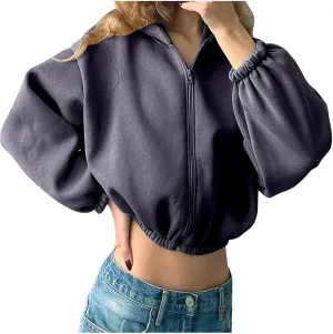 XUNRYAN Women Hoodies Lightweight Thin Fleece Jackets Short Winter Coats Hooded Warm Cropped Outerwear Y2K Clothes Streetwear