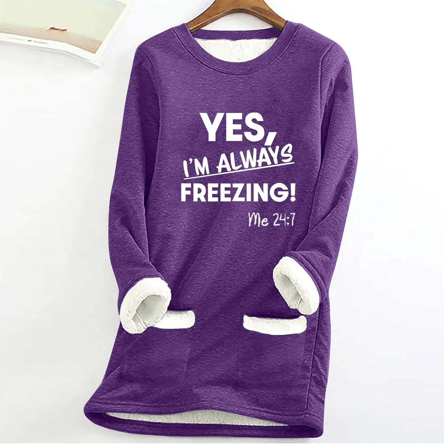 Yes I'M Always Freezing Sherpa Sweatshirt for Women Thermal Fleece Tops Winter Warm Underwear Round-Neck Tops