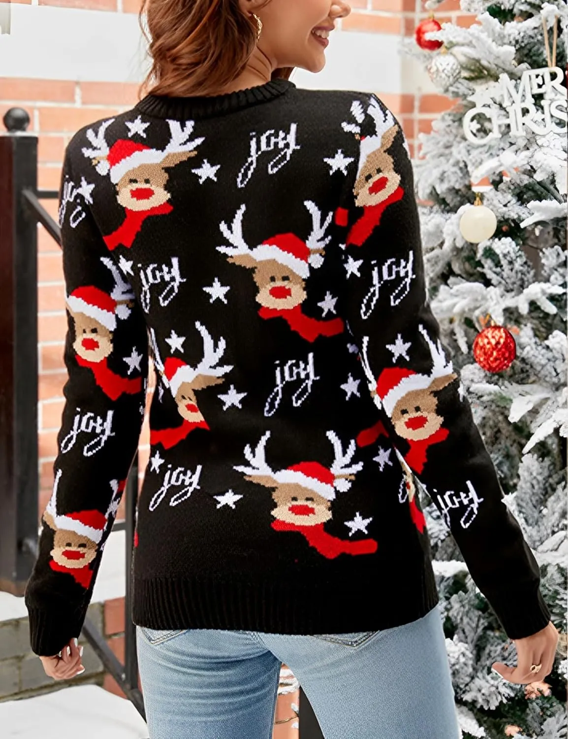 Yimoon Ugly Christmas Sweater for Women Funny Xmas Long Sleeve Knit Pullover Top Cute Santa Tree Reindeer Sweater