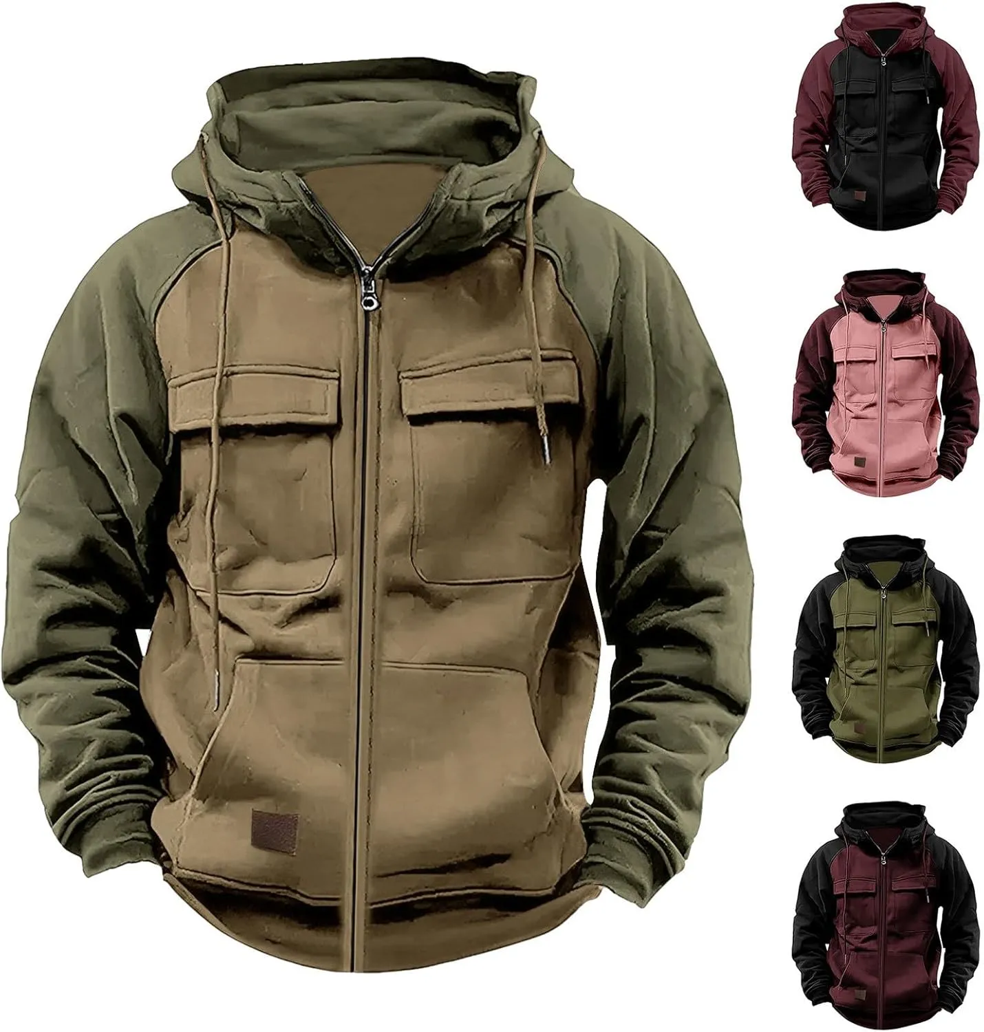 Zip Up Hoodies For Men Tactical Military Workout Tops Casual Heavy Weight Cargo Sweatshirt Long Sleeve Hooded Pullover