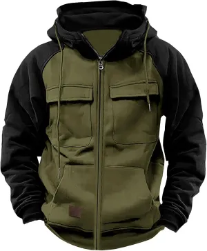 Zip Up Hoodies For Men Tactical Military Workout Tops Casual Heavy Weight Cargo Sweatshirt Long Sleeve Hooded Pullover